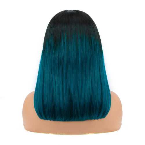 Green ombre lace closure wig – straight bob with natural black roots