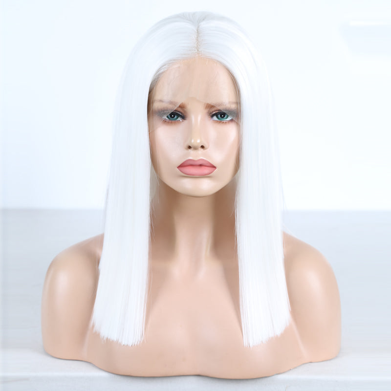 White Straight Short Bob Wig – T Lace Part with Baby Hair