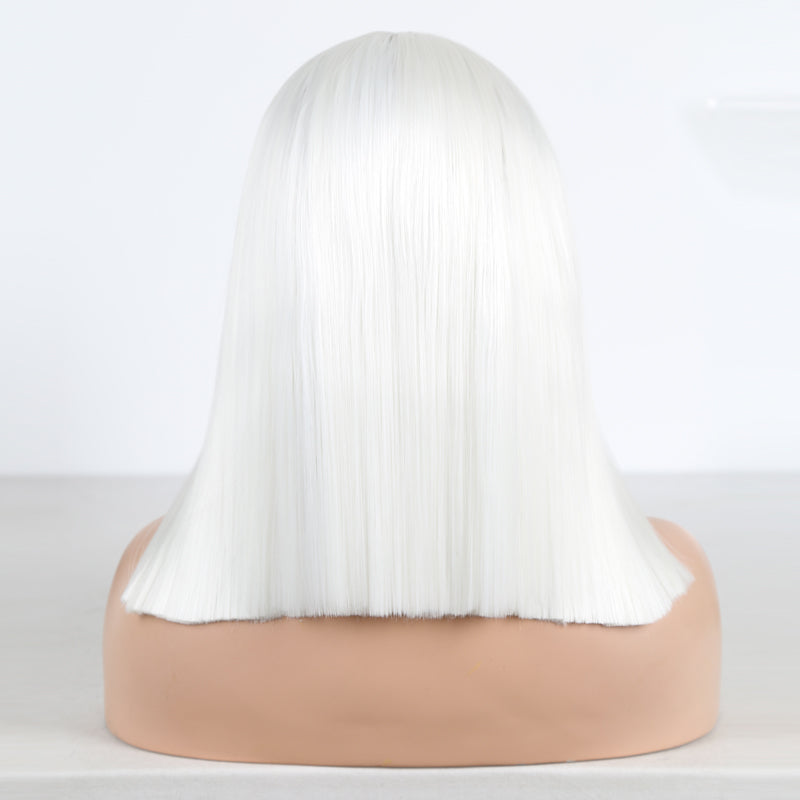 White Straight Short Bob Wig – T Lace Part with Baby Hair