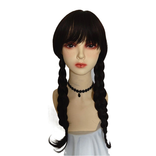 Black double braid ponytail wig – Addams Family Halloween costume style