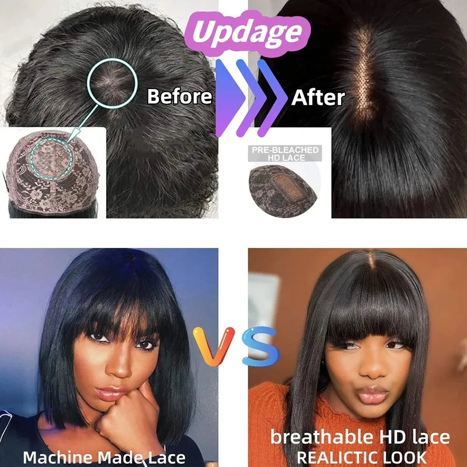 Short Bob Human Hair Wig – Middle Part HD Lace with Bangs