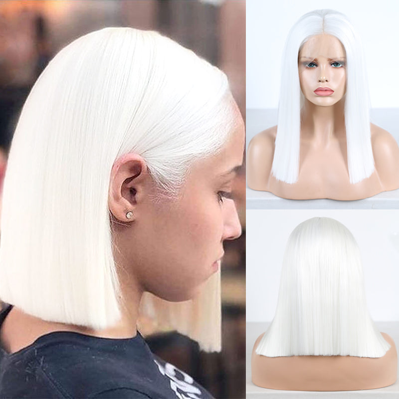 White Straight Short Bob Wig – T Lace Part with Baby Hair