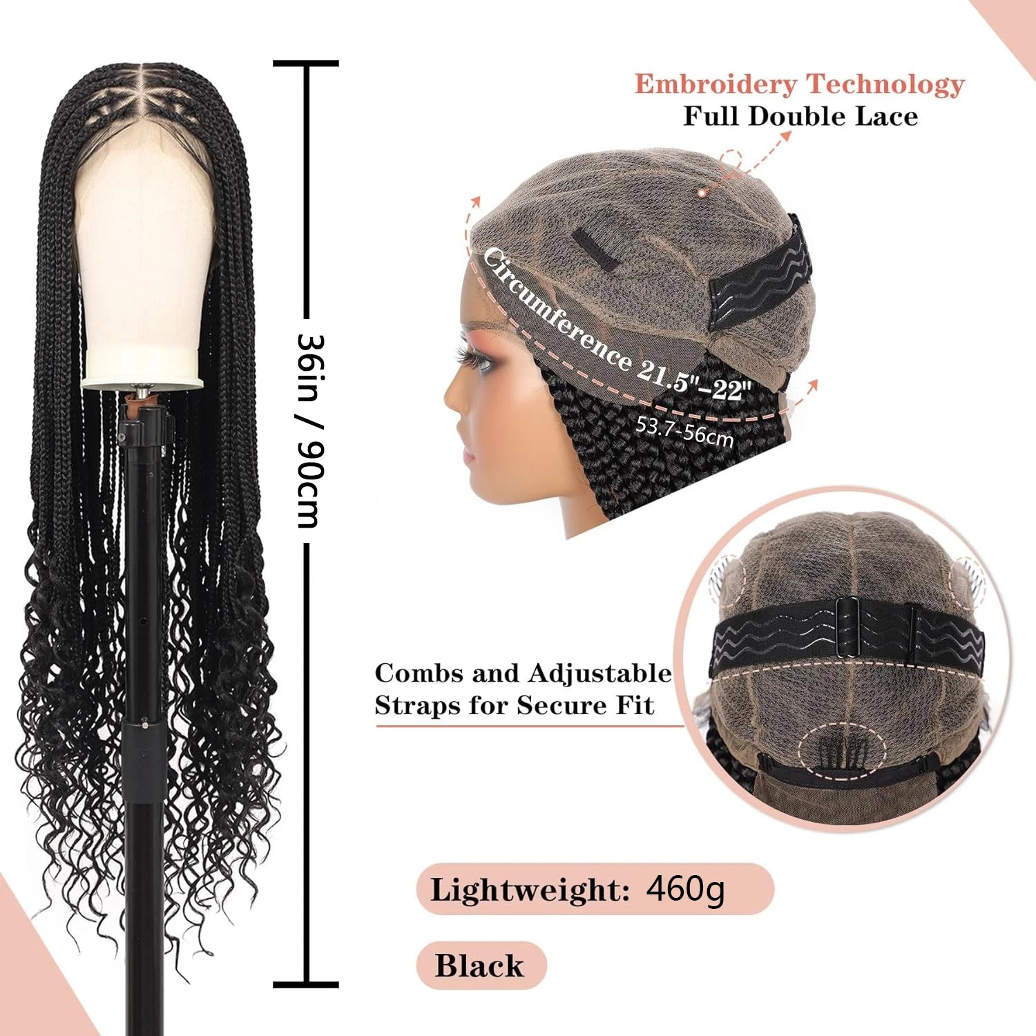 36" Knotless Bohemian Braided Lace Front Wig – Triangle Braid Style