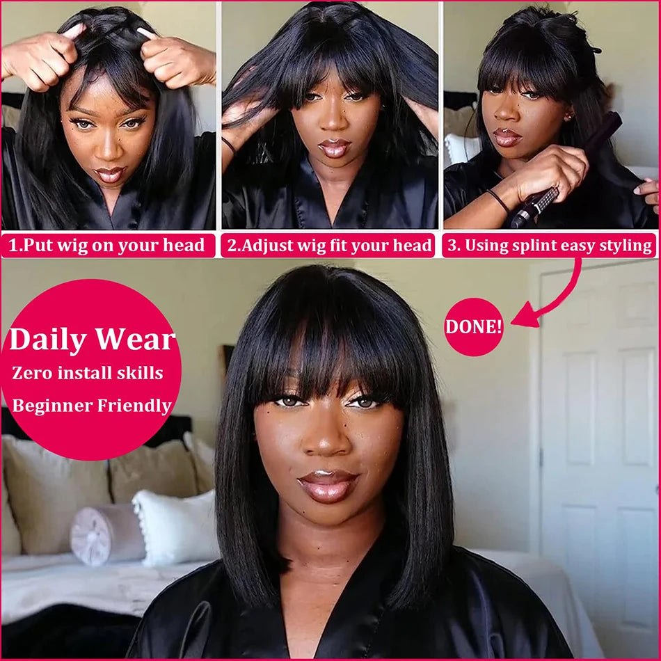 Short Bob Human Hair Wig – Middle Part HD Lace with Bangs