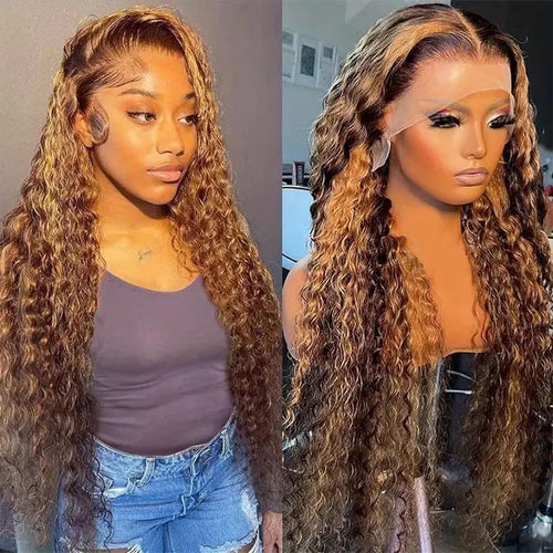 13x4 HD Water Wave Lace Front Wig – Honey Blonde Highlight