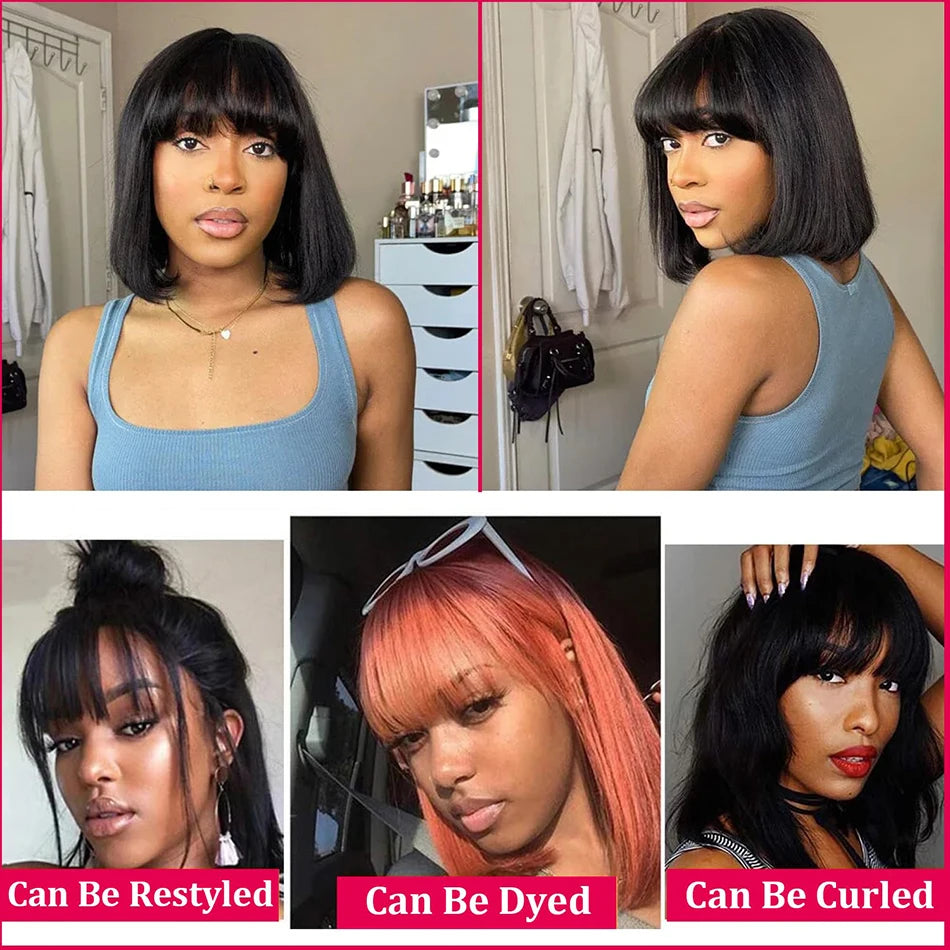 Short Bob Human Hair Wig – Middle Part HD Lace with Bangs