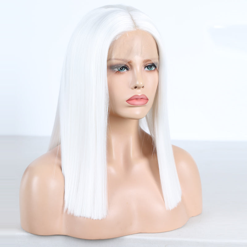 White Straight Short Bob Wig – T Lace Part with Baby Hair