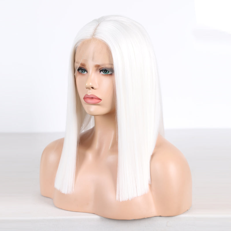White Straight Short Bob Wig – T Lace Part with Baby Hair