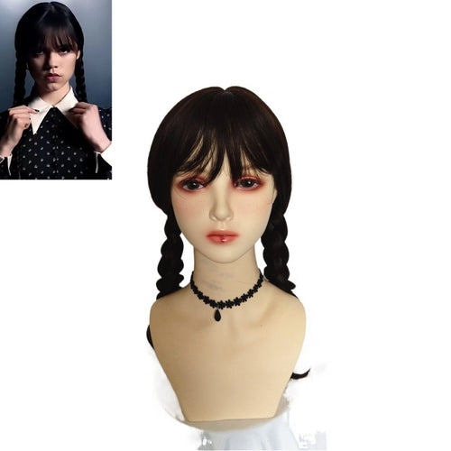Addams Family animated wig – black double ponytail braid for costume wear