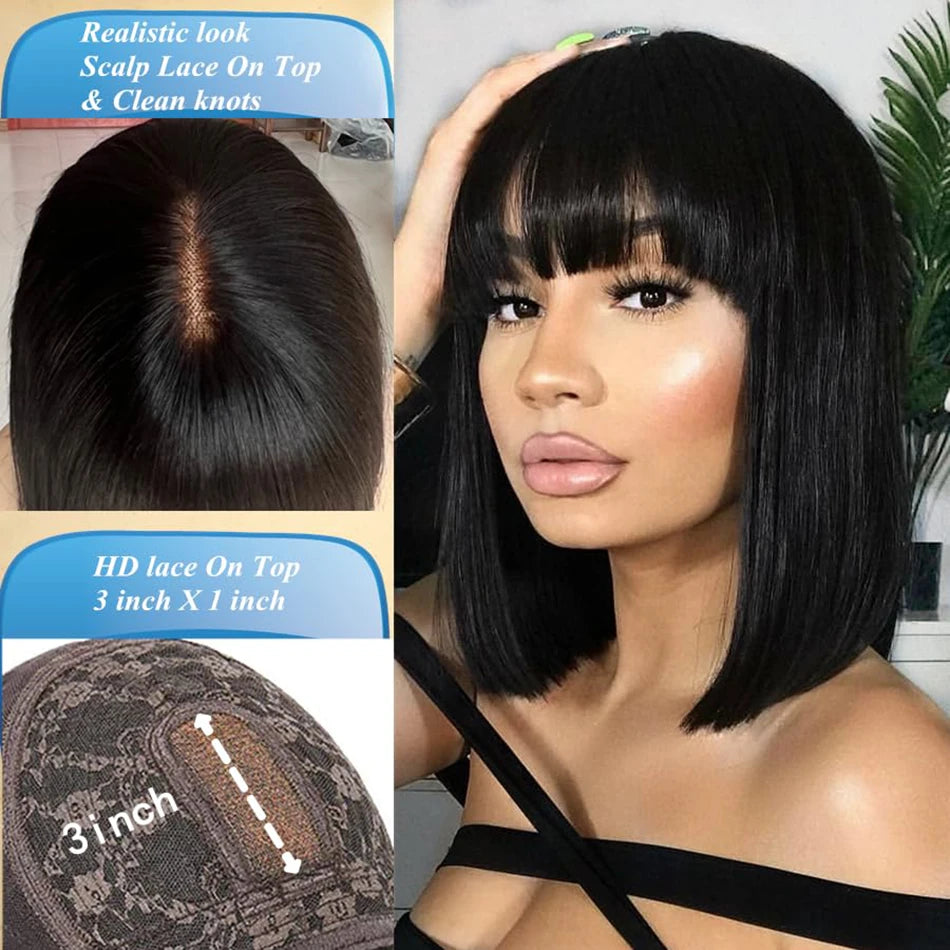 Short Bob Human Hair Wig – Middle Part HD Lace with Bangs