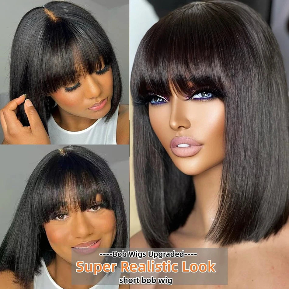 Short Bob Human Hair Wig – Middle Part HD Lace with Bangs