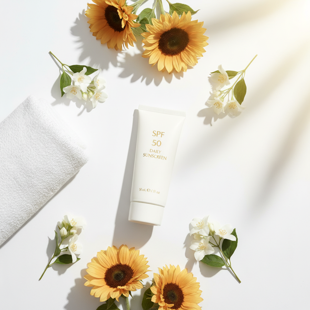 SPF 50 Daily Sunscreen luxury spa flat lay with sunflowers and white flowers