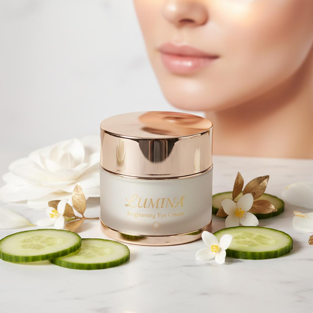 Brightening eye cream jar on white marble with gold accents and botanicals