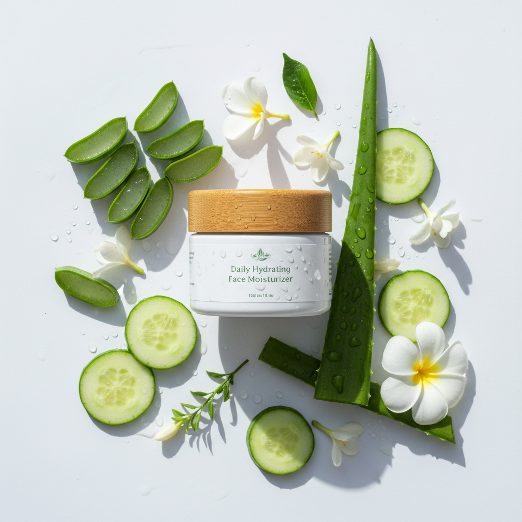 Daily Hydrating Face Moisturizer flat lay with aloe vera, cucumber and water droplets