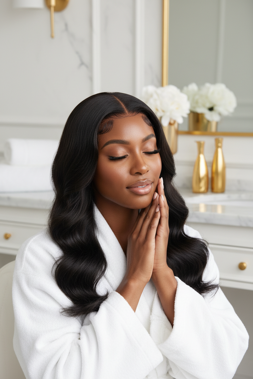 Black woman wearing natural black body wave lace front wig with baby hair