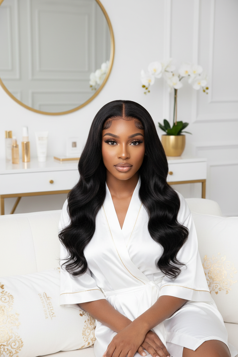 Woman wearing natural black body wave lace front wig with pre-plucked hairline