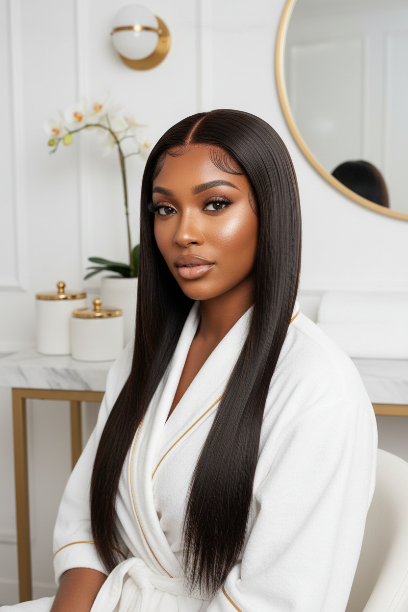 Woman wearing glueless straight human hair wig with natural pre-plucked hairline